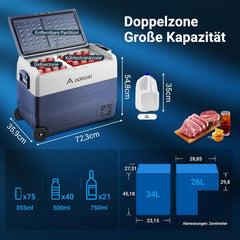 AAOBOSI Compressor Cool Box 36 L, Cool Box Car with WiFi App Control, 12/24 V and 100-240 V Electric Cool Box, up to -20 °C for Car, Truck, Boat, Motorhome, Camping, Double Zone
