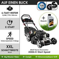 BRAST® Benzin Rasenmäher mit Antrieb | 5,2kW (7PS) | 55cm Schnittbreite | viele Modelle | TÜV | 30-80mm Schnitthöhe | 60L Fangkorb | 4 Takt OHV Motor | Stahlgehäuse | Power