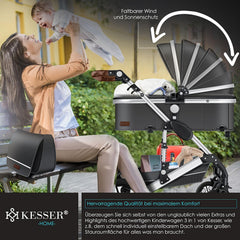 KESSER Loops 3 in 1 Kinderwagen Kombikinderwagen Komplett-Set inkl. Babywanne & Buggy Sportsitz & Auto-Babyschale Voll-Gummireifen Wickeltasche Regenschutz Kindertisch ECE R129, Schwarz/Champagne