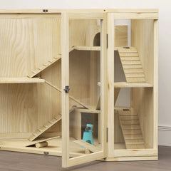 PawHut Hamsterkäfig Holz 4 Ebenen mit Zubehör und Sichtfenster