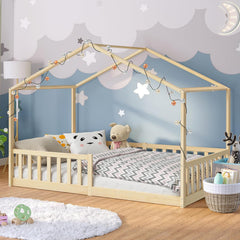 Bellabino Kinderbett Bia 140x200 cm, Hausbett Kinder inkl. Rausfallschutz und Rolllattenrost, Montessori Bodenbett weiß aus Massivholz Kiefer