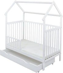 Baby Delux Babybett Komplett Set Hausbett 60x120 cm weiß Schublade Rausfallschutz Kinderbett Matratze Bettwäsche Deko Set (Prince Stars)
