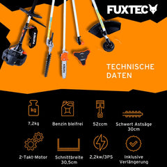 FUXTEC Benzin Motorsense FX-MT152E 5in1 Multitool, 52 cc, Profi-Tragegurt und inkl. 1m Verlängerung 3 PS Kombigerät Heckenschere Hochentaster Kombisystem Freischneider fs 2-Takt Test Oberklasse 1,4
