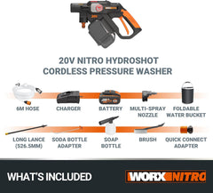 WORX Nitro 18V(20V MAX) Hydroshot Akku-Hochdruckreiniger WG633E.1, PowerShare, Terrassenreinigung und Autoreinigung, Max. 56 Bar, 220L/H, mit Zubehör, 4,0 Ah Akku & Ladegerät Orange & Schwarz