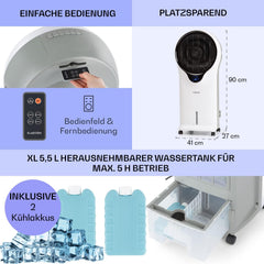 Klarstein Luftkühler mit Wasserkühlung, 3-in-1 Verdunstungskühler, Luftbefeuchter & Ventilator, Mobile Klimageräte Luftkühler mit 5,5L Tank, 90W Air Cooler mit Nachtmodus, 1600m³/h Luftstrom