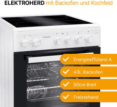 Bomann® Backofen 50cm mit Herd | Elektroherd freistehend 50 cm mit 4 Kochplatten | Standherd mit Ofen 43L | Ober-/Unterhitze | 40°C-240°C | inkl. Blech & Grillrost | Elektroherd mit Kochfeld EHC 7939