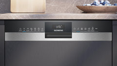 Siemens SN43ES14VE, iQ300 Smarter Geschirrspüler, Unterbau-Spülmaschine mit Besteckschublade, 60 cm, automatische Türöffnung dank autoOpen dry, besonders leise mit iQdrive-Motor, aquaStop, Edelstahl