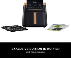 Ninja Heißluftfritteuse MAX PRO, 6,2 L, ölfrei, große Schublade, Rösten, Backen, Air Fry, Antihaftbeschichtet, Spülmaschinenfester Korb & Crisper Gittereinsatz, Silikonzange, Schwarz/Kupfer, AF180EUCP
