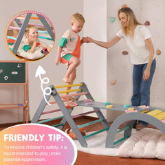 Dreieck-Set mit Kissen, 5-in-1 Montessori-Kletterset, faltbar, Kletter-Indoor-Spielplatz-Set für Kleinkinder, Holz-Kletterspielzeug mit Rampe und Kletterbogen für Kinder (Holzfarbe)