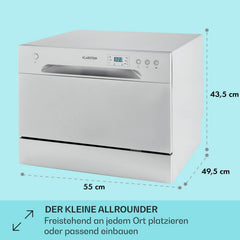 Klarstein ia 8 - Spülmaschine, Geschirrspüler, Freistehend, Teilintegriert, F, 55 cm breit, 8 Maßgedecke, 6 Programme, Aquastop, silber