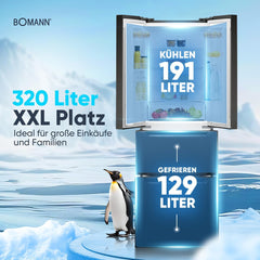Bomann® Kühlschrank mit Gefrierfach | No-Frost Gefrierteil | 186cm Kühlschrank | 39dB | Kühl Gefrierkombination mit MultiAirflow | 320L | Kühl Gefrierkombination No-Frost | KG 7361 schwarz-inox