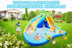 Aufblasbare Wasserrutschen für Kinder, 8-in-1-Hüpfburg-Wasserpark mit 450-W-Gebläse, Kletterwand, Planschbecken, 2 Wasserkanonen, Basketballkorb, Wasserrutsche, Krokodilsprinkler als Geschenk für eine Gartenparty