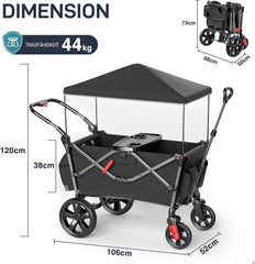 EVER ADVANCED Bollerwagen für 2 Kinder Faltbar mit Dach, Kinderwagen 2x5 Punkt Sicherheitsgurt mit Wickelrucksack, Bollerwagen mit Sitz, Handwagen Transportwagen, Ziehen & Schieben, Fußbremse