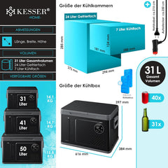 KESSER Kompressor Kühlbox 2in1 Doppelzone Kühl & Gefrierfach elektrische Gefrierbox mit 2x Kühlakkus & LED-Touch-Bedienung | Kühlschrank Kühlung bis -20 °C für Camping, Auto, Lkw 12/24V 230V