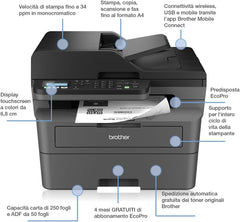 Brother MFC-L2860DWE 4-in-1-Multifunktions-Laserdrucker, 34 ppm, Duplexdruck, 6,8 cm Touchscreen-Farbdisplay, Fast Ethernet, WLAN mit 5 GHz und USB 2.0