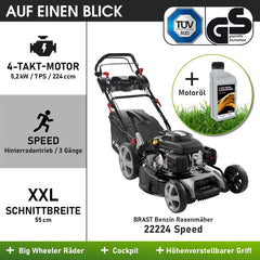 BRAST® Benzin Rasenmäher mit Antrieb | 5,2kW (7PS) | 55cm Schnittbreite | viele Modelle | TÜV | 30-80mm Schnitthöhe | 60L Fangkorb | 4 Takt OHV Motor | Stahlgehäuse | Power