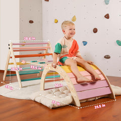 Dreieck-Set mit Kissen, 5-in-1 Montessori-Kletterset, faltbar, Kletter-Indoor-Spielplatz-Set für Kleinkinder, Holz-Kletterspielzeug mit Rampe und Kletterbogen für Kinder (Holzfarbe)