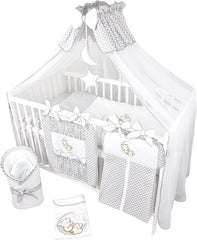 Bello24 - 16 Teiliges Babybett Kinderbett und Bettwäsche komplett Set Happy Leo inkl. Matratze höhenverstellbar für Neugeborene Babys und Kleinkinder aus Massivholz (Grau - Teddybär Mond)