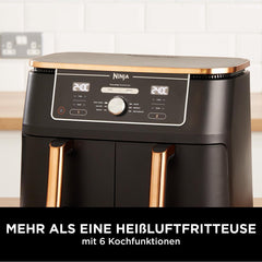 Ninja Heißluftfritteuse MAX PRO, 6,2 L, ölfrei, große Schublade, Rösten, Backen, Air Fry, Antihaftbeschichtet, Spülmaschinenfester Korb & Crisper Gittereinsatz, Silikonzange, Schwarz/Kupfer, AF180EUCP