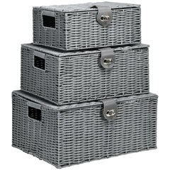 HOMCOM Aufbewahrungskorb 3er-Set handgeflochten mit Deckel