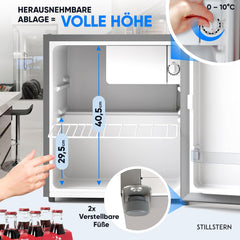 Stillstern Mini Kühlschrank E 45L mit Abtauautomatik, Schloss, Frostfach, Leise, Ideal für Küche, Büro, Schlafzimmer, Hotels und kleine Wohnungen Kühlschrank klein Minibar Getränkekühlschrank