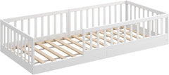 CADANI Timi 2in1 Bodenbett 140x200 cm Montessori Kinderbett mit abnehmbaren Rausfallschutz inkl. Lattenrost, Kiefer Massivholz, weiß - 3 Aufbauvarianten, bis 200 kg belastbar, umbaubar