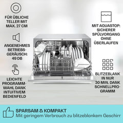 Klarstein ia 8 - Spülmaschine, Geschirrspüler, Freistehend, Teilintegriert, F, 55 cm breit, 8 Maßgedecke, 6 Programme, Aquastop, silber