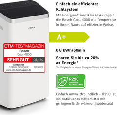 Bosch Cool 4000 Mobiles Klimagerät - 3-in-1: Klimagerät, Luftentfeuchter, Ventilator - 2,6 kW für Räume bis zu 35m² - Mit Auto-Modus, Silent-Modus & Sleep-Modus