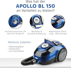 Fakir Apollo BL 150 - Beutelloser Staubsauger I Zyklonsauger mit Hochleistungsmotor, EPA 10 Filter & Kombidüse, 800 W, Blau/Silber