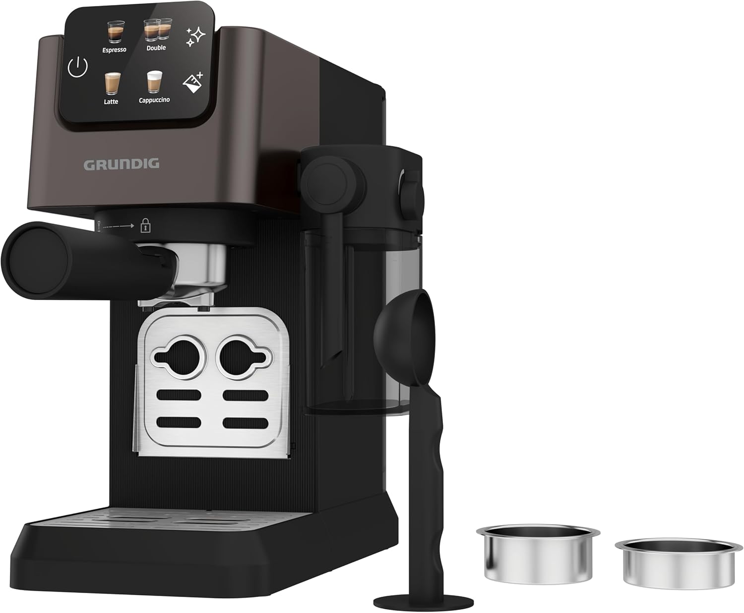 GRUNDIG KSM 5330 Siebträgermaschine mit integriertem Milchbehälter, 1628 W Leistung, 15 bar Pumpendruck, Zweifachdüse, farbiges Touch-Display, BrewSense, CreamyPro, Dark Inox/Schwarz