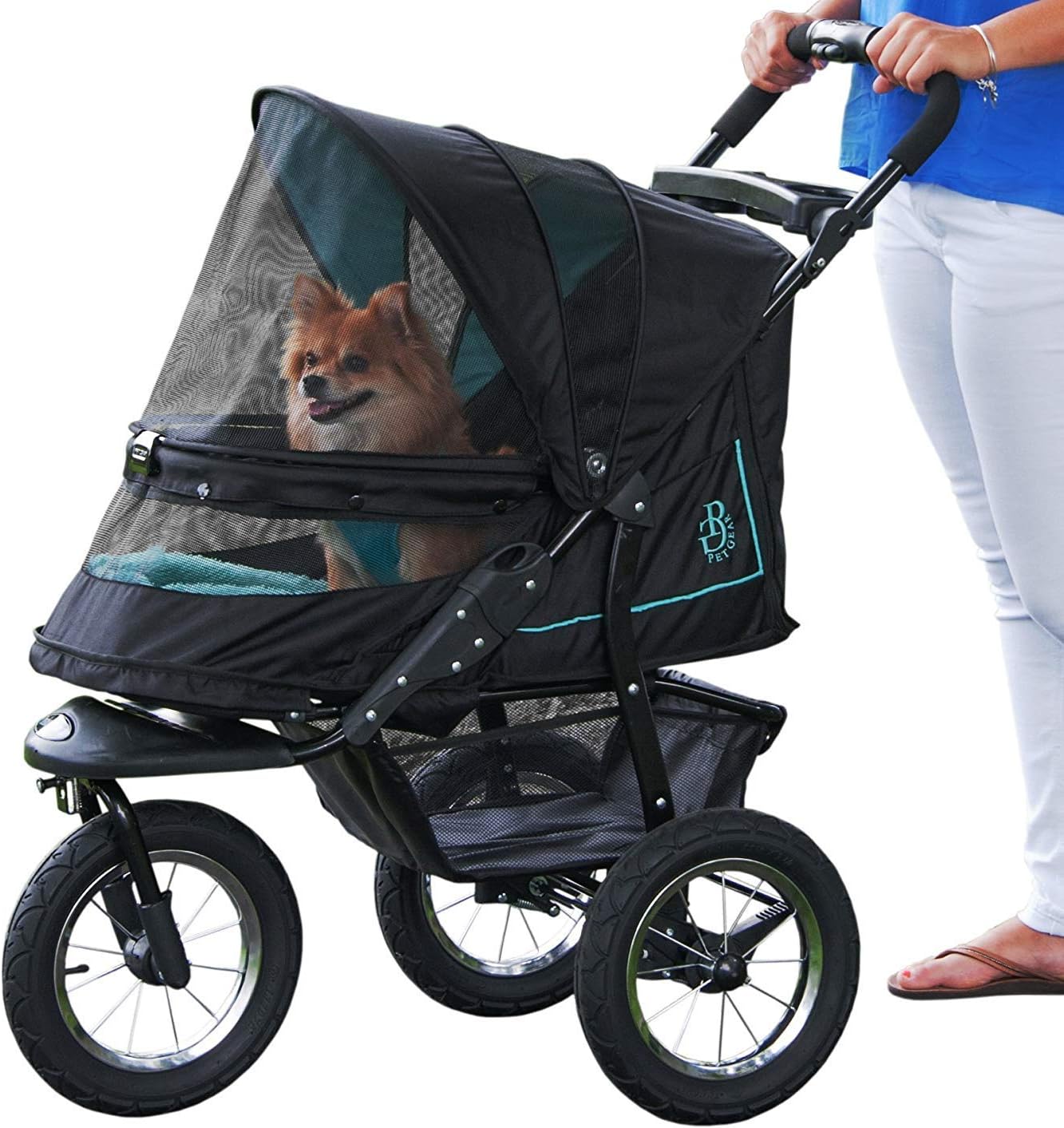 No-Zip NV Haustier-Buggy für Katzen/Hunde, Einstieg ohne Reißverschluss, einfaches Zusammenklappen mit einer Hand, Reifen mit Gelfüllung, Plüschpolster + Wetterschutz inklusive, 3 Farben