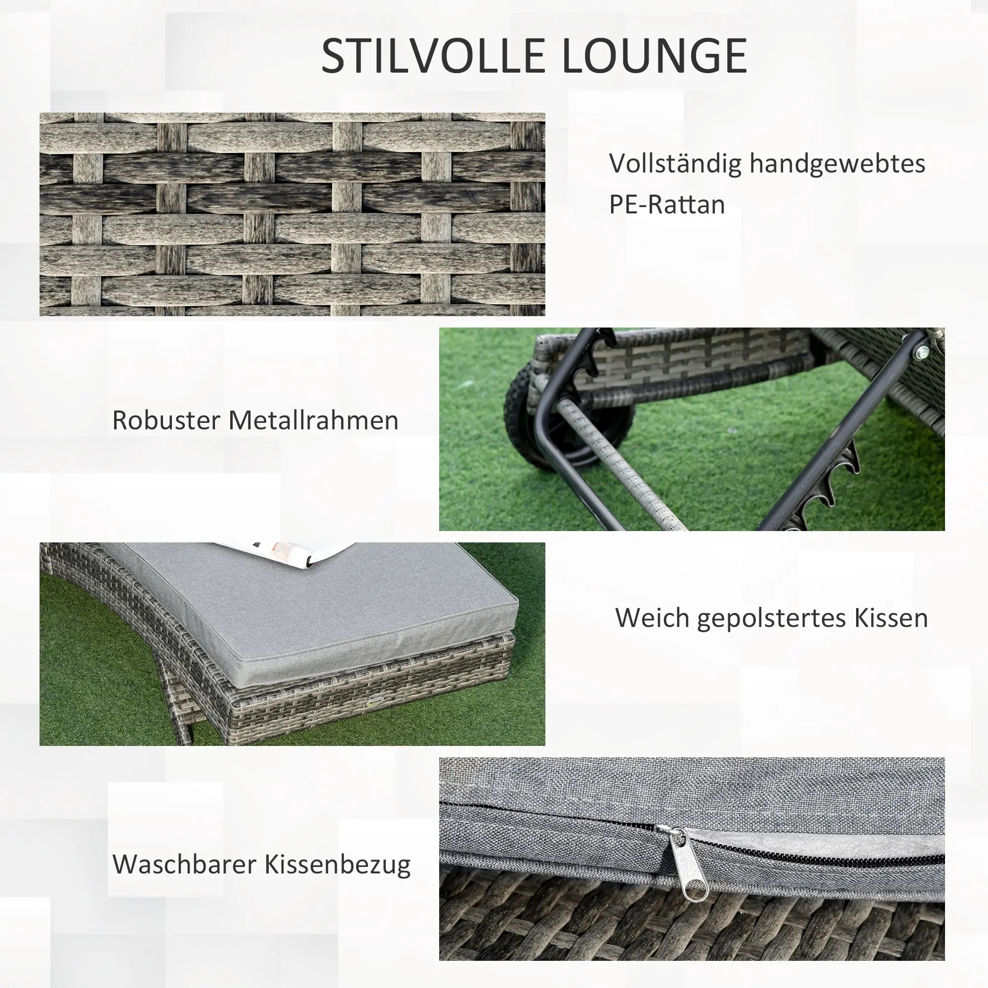 Outsunny Sonnenliege Polyrattan verstellbar mit Rollen grau