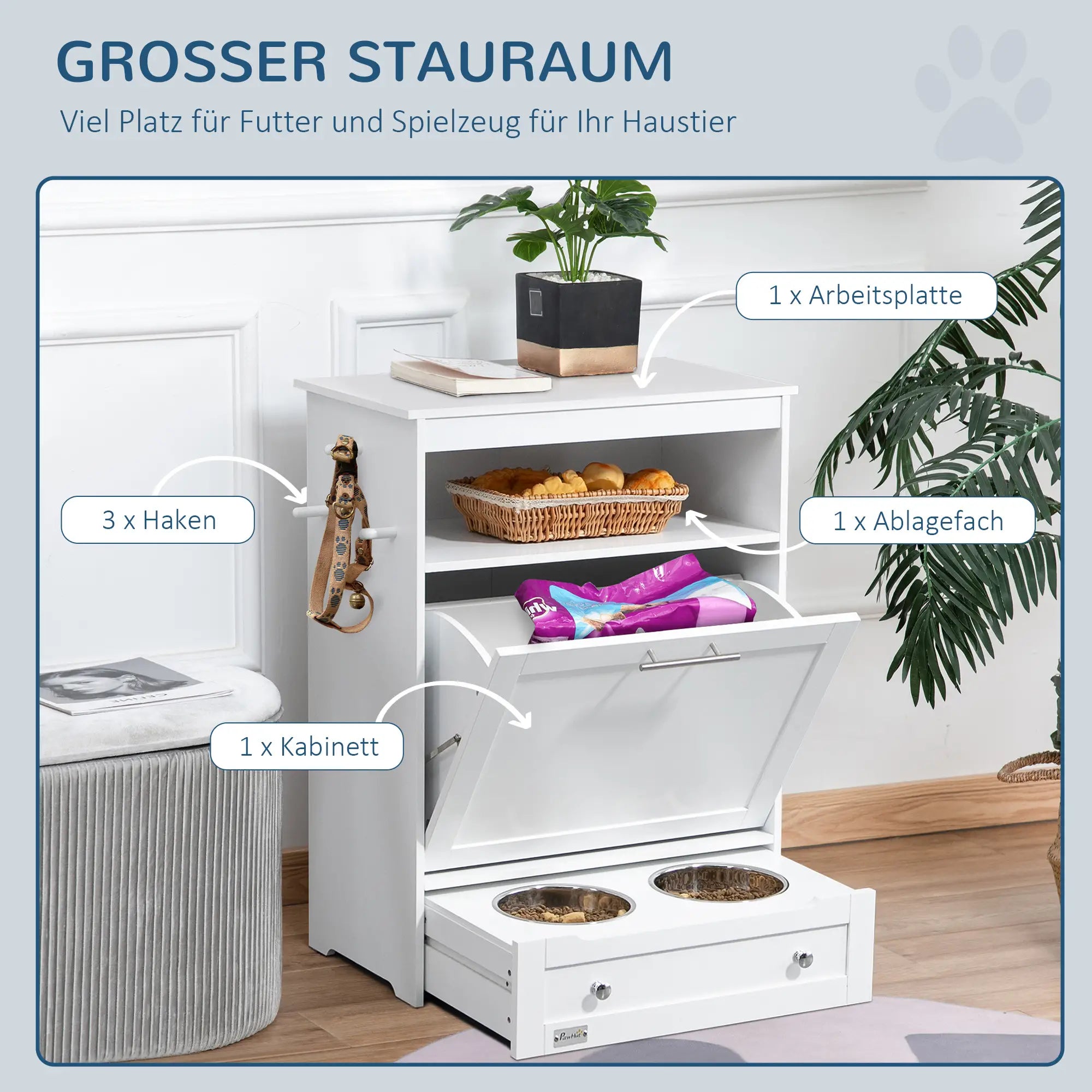PawHut Futterstation Hund mit Schublade und Aufbewahrung Weiß