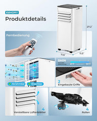 Mobile Klimaanlage 9000 BTU mit Abluftschlauch | 4-in-1 Mobiles Klimagerät | Leiser Betrieb