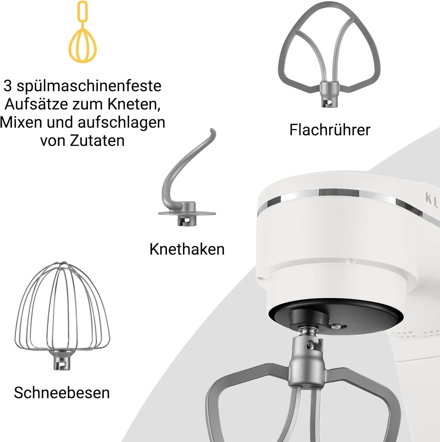 KLAMER Küchenmaschine 1800W, Knetmaschine mit 6 Liter Edelstahl Schüssel, 10 Geschwindigkeitsstufen mit Timer, Rührbesen, Knethaken, Schneebesen und Spritzschutz
