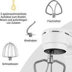 KLAMER Küchenmaschine 1800W, Knetmaschine Brotteig mit Edelstahl-Rührschüssel 6 L, 10 Stufen mit Timer, Planetenrührwerk, Rührbesen, Knethaken, Schneebesen & Sichtdeckel (schwarz)