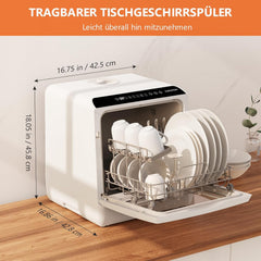 Karlxtom TDQR03A Mini Geschirrspüler, 6 Programme freistehender Tischgeschirrspüler, Spülmaschine mit 2 Wasserversorgungsmodi, Auto-Trocknung, Perfekt für kleine Familien und Paare