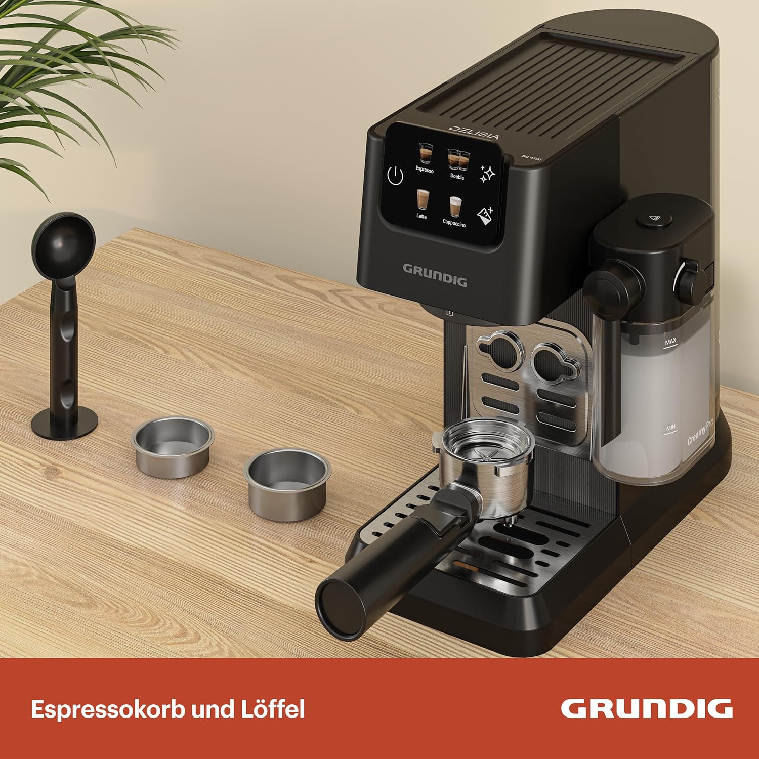 GRUNDIG KSM 5330 Siebträgermaschine mit integriertem Milchbehälter, 1628 W Leistung, 15 bar Pumpendruck, Zweifachdüse, farbiges Touch-Display, BrewSense, CreamyPro, Dark Inox/Schwarz