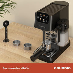 GRUNDIG KSM 5330 Siebträgermaschine mit integriertem Milchbehälter, 1628 W Leistung, 15 bar Pumpendruck, Zweifachdüse, farbiges Touch-Display, BrewSense, CreamyPro, Dark Inox/Schwarz
