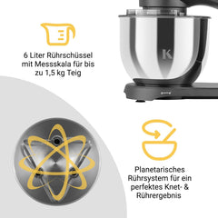 KLAMER Küchenmaschine 1800W, Knetmaschine Brotteig mit Edelstahl-Rührschüssel 6 L, 10 Stufen mit Timer, Planetenrührwerk, Rührbesen, Knethaken, Schneebesen & Sichtdeckel (schwarz)