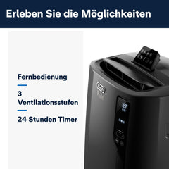 De'Longhi Pinguino PAC EL112 CST mobiles Klimagerät mit Abluftschlauch, Klimaanlage Für Räume bis 110 m³, Luftentfeuchter, Ventilationsfunktion, 24h-Timer, Schwarz