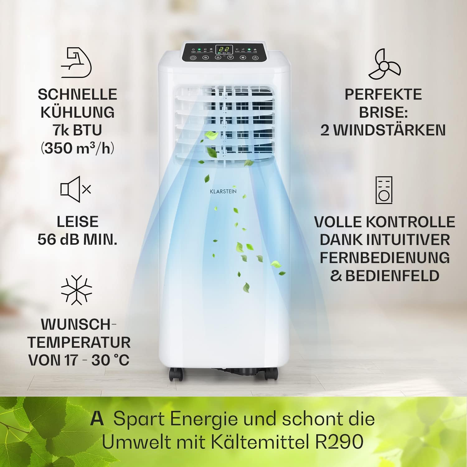 Klarstein Mobile Klimaanlage mit Abluftschlauch, 3-in-1 Klimagerät mit Ventilator & Luftentfeuchter, Kleine & Portable Klimaanlage für Wohnung & Büro, mit Nachtmodus & App-Steuerung, 7000 BTU