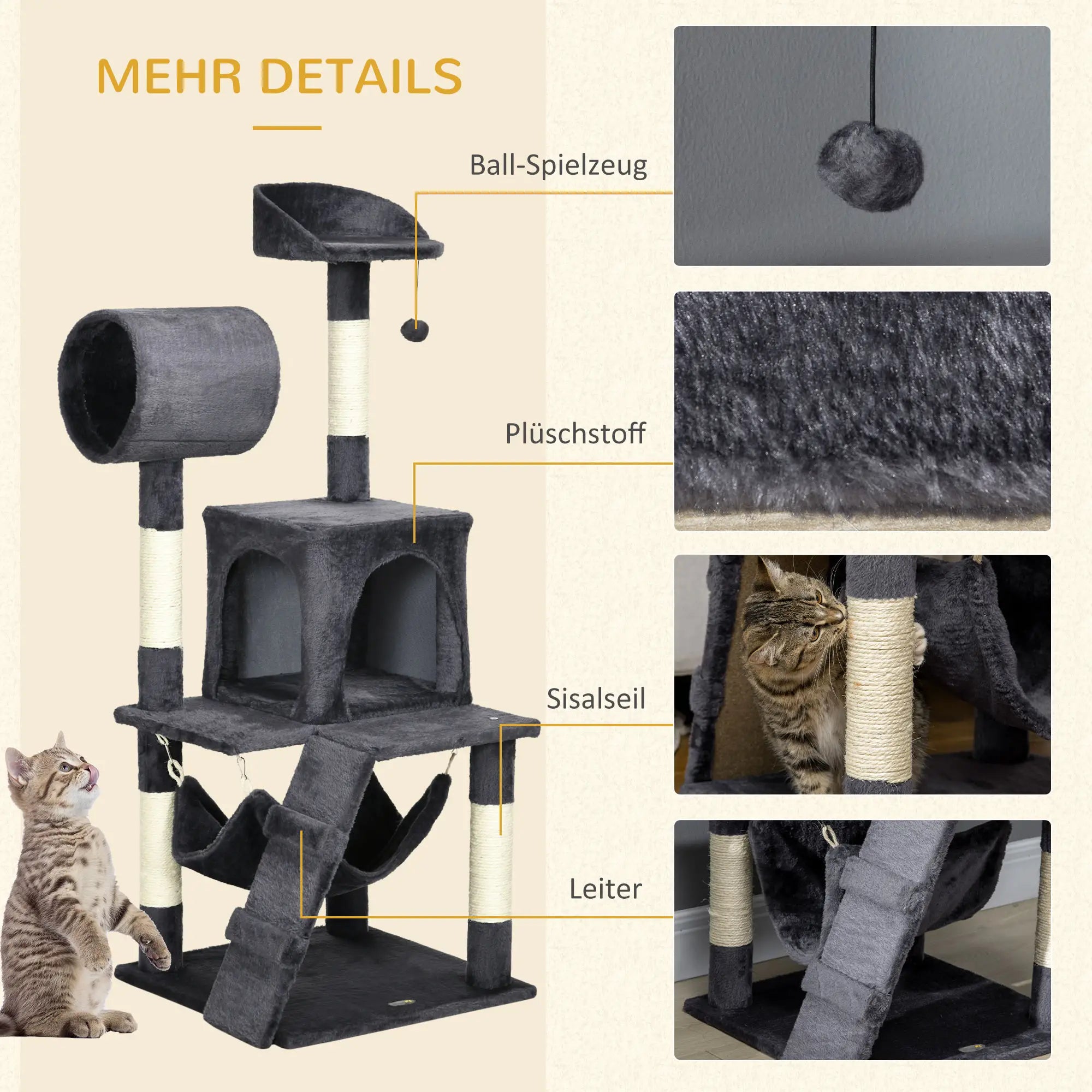 PawHut Kratzbaum Katzenmöbel mit Katzenhaus Hängematte Spielzeug