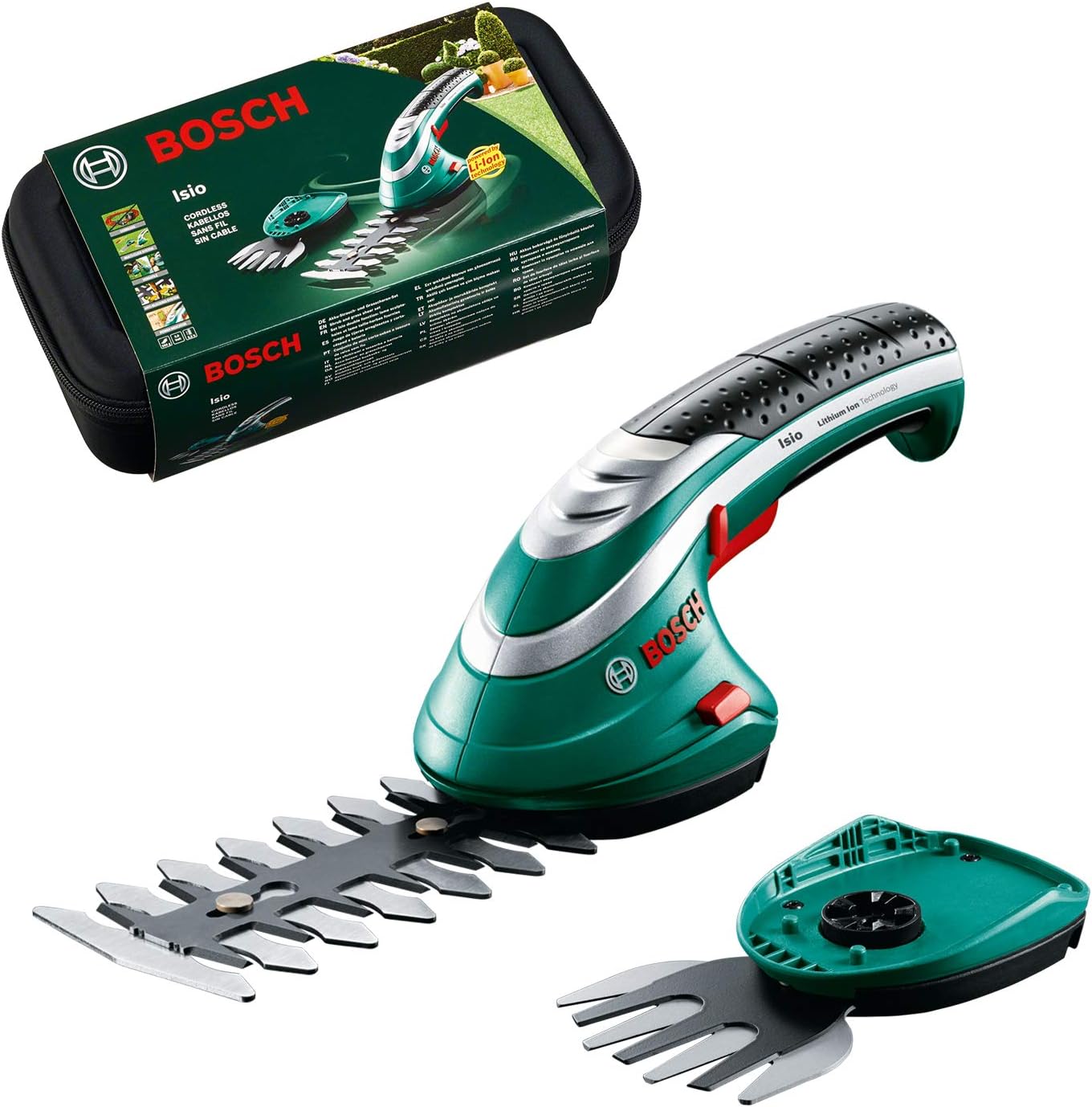Bosch Akku Grasscheren Set Isio (3,6 Volt, Messerlnge 12 cm, Messerabstand 8 mm, mit XL-Gartenhandschuhen inklusive, in Softcase) – Amazon Edition