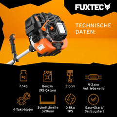 FUXTEC Benzin Motorsense FX-4MS131, Rasentrimmer mit 4-Takt-Motor, 320 mm Schnittkreis, ergonomischer Zweihandgriff, Notstop-Schalter, leichtgewichtig, inkl. Profi-Tragegurt/Messer/Faden
