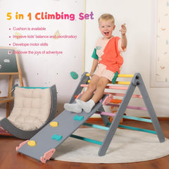 Dreieck-Set mit Kissen, 5-in-1 Montessori-Kletterset, faltbar, Kletter-Indoor-Spielplatz-Set für Kleinkinder, Holz-Kletterspielzeug mit Rampe und Kletterbogen für Kinder (Holzfarbe)