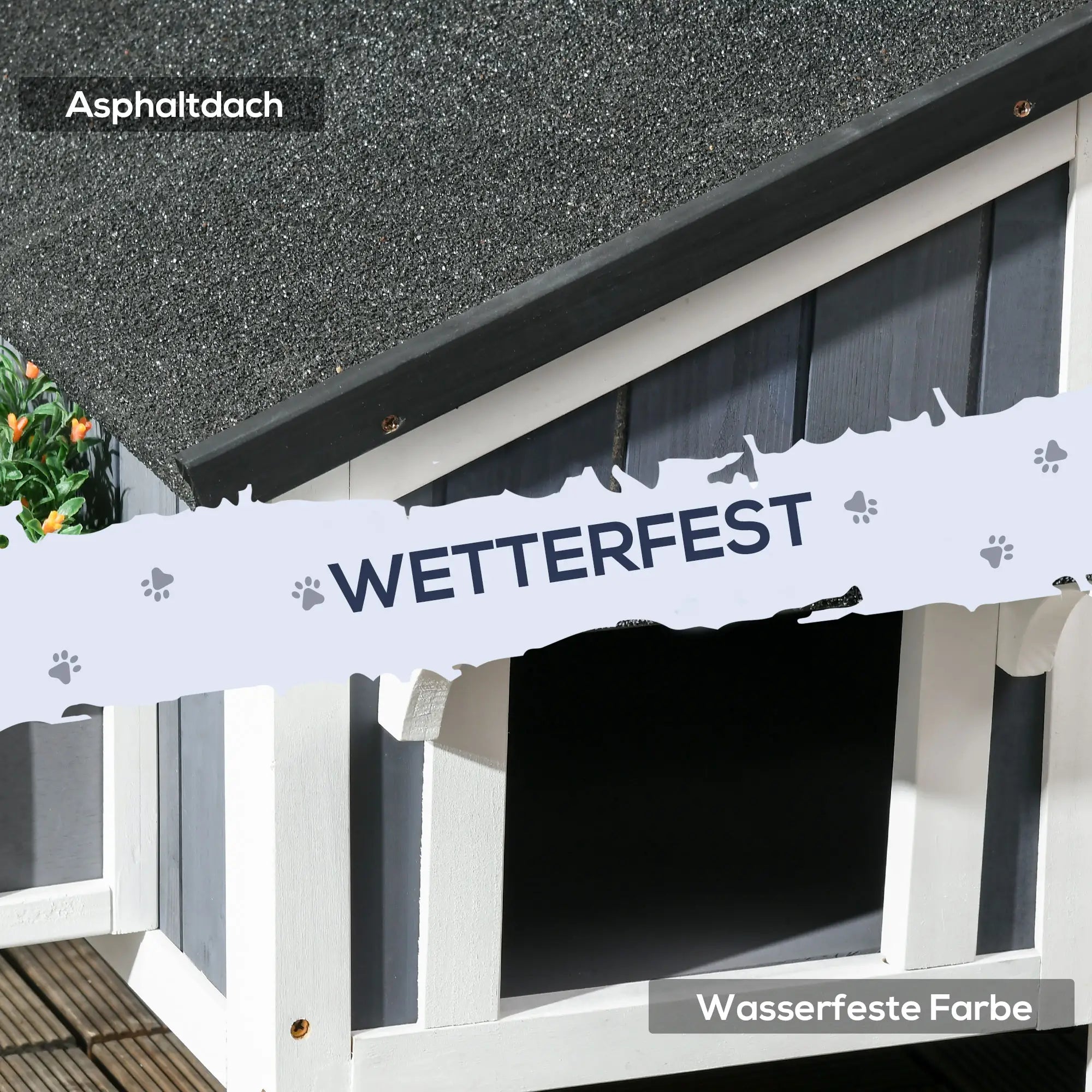 PawHut Outdoor Katzenhaus 2 Etagen mit Asphaltdach Blumenkasten