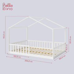 Bellabino Kinderbett Bia 140x200 cm, Hausbett Kinder inkl. Rausfallschutz und Rolllattenrost, Montessori Bodenbett weiß aus Massivholz Kiefer