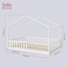 Bellabino Kinderbett Bia 140x200 cm, Hausbett Kinder inkl. Rausfallschutz und Rolllattenrost, Montessori Bodenbett weiß aus Massivholz Kiefer