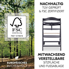 hauck Hochstuhl Beta+ Newborn Set Eco Bouncer - mitwachsender Holz Babyhochstuhl ab Geburt, inkl. Neugeborenenaufsatz, Sitzpolster und Essbrett - Dark Grey